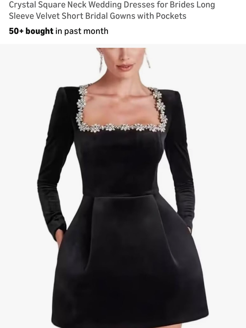 Crystal Square Neck Velvet Mini Dress with Embellished Neckline - Black